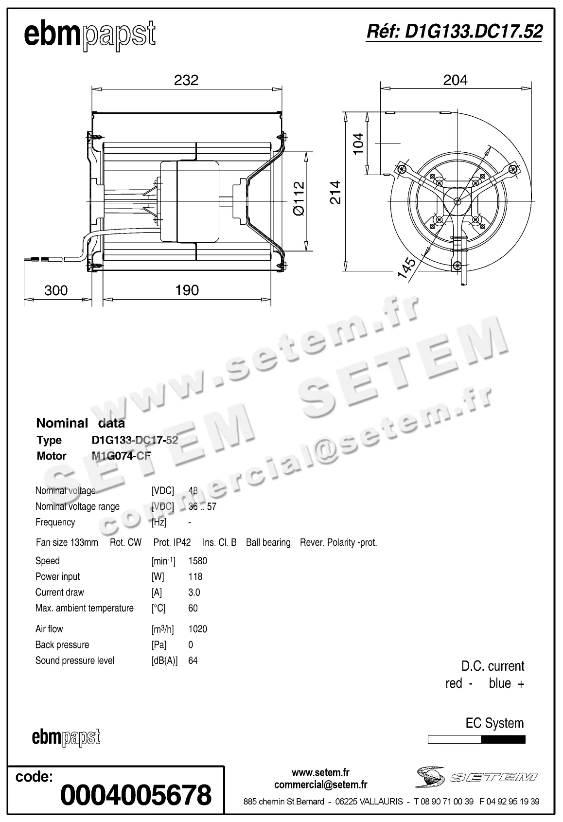 0004100867-VENTILATEUR EBMPAPST D1G133-DC17-52 2