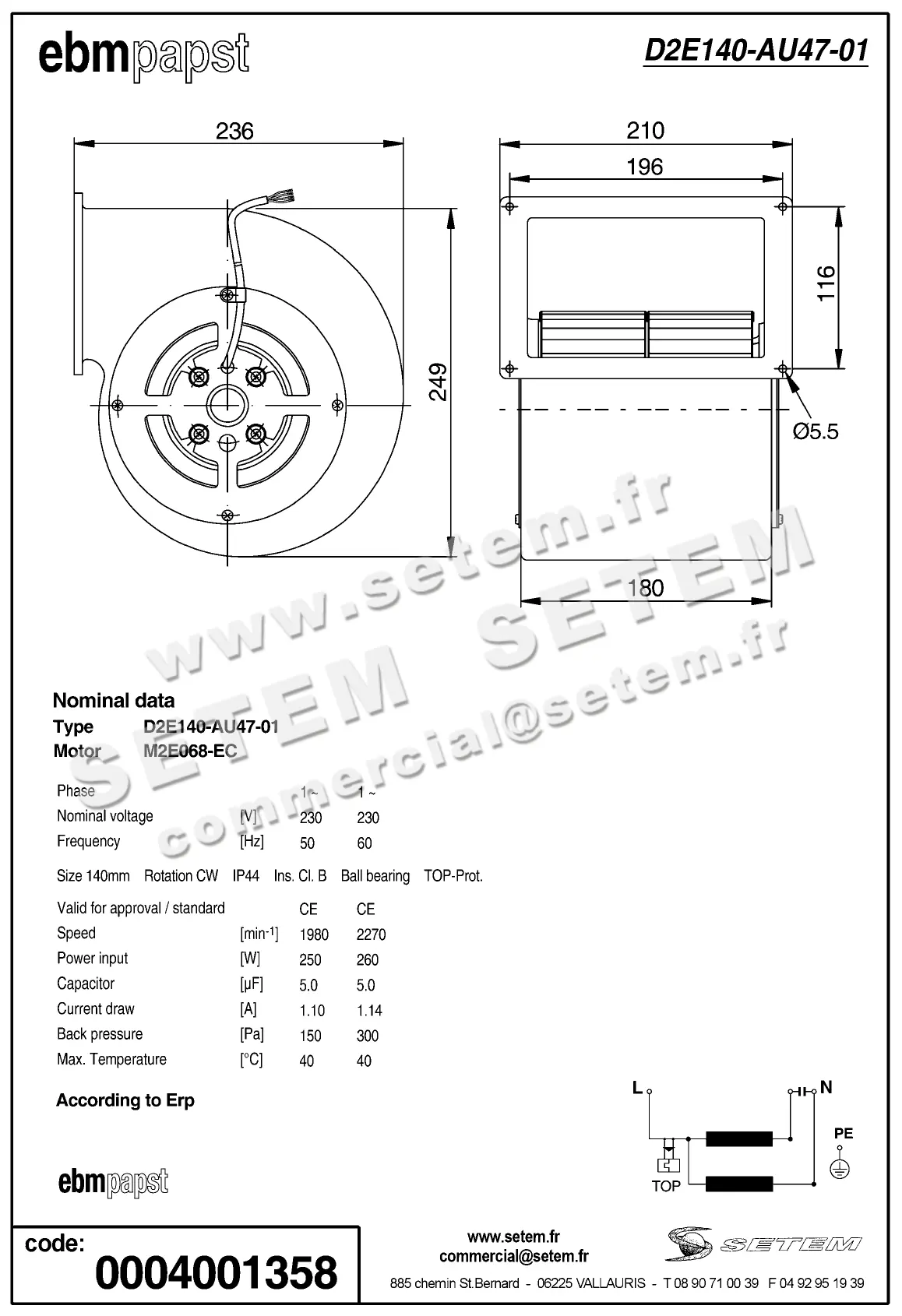 0004101219-VENTILATEUR EBMPAPST D2E140.AU47.01 2