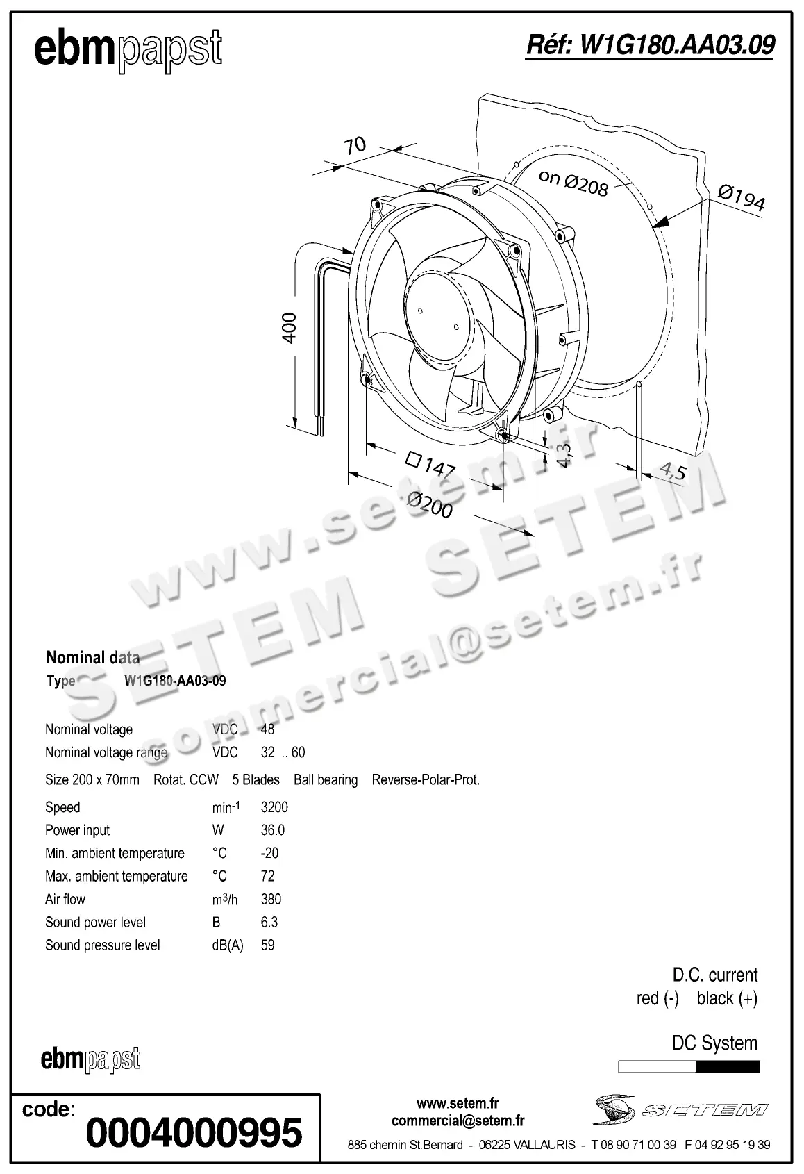 0004103807-VENTILATEUR EBMPAPST W1G180-AA03-09 2