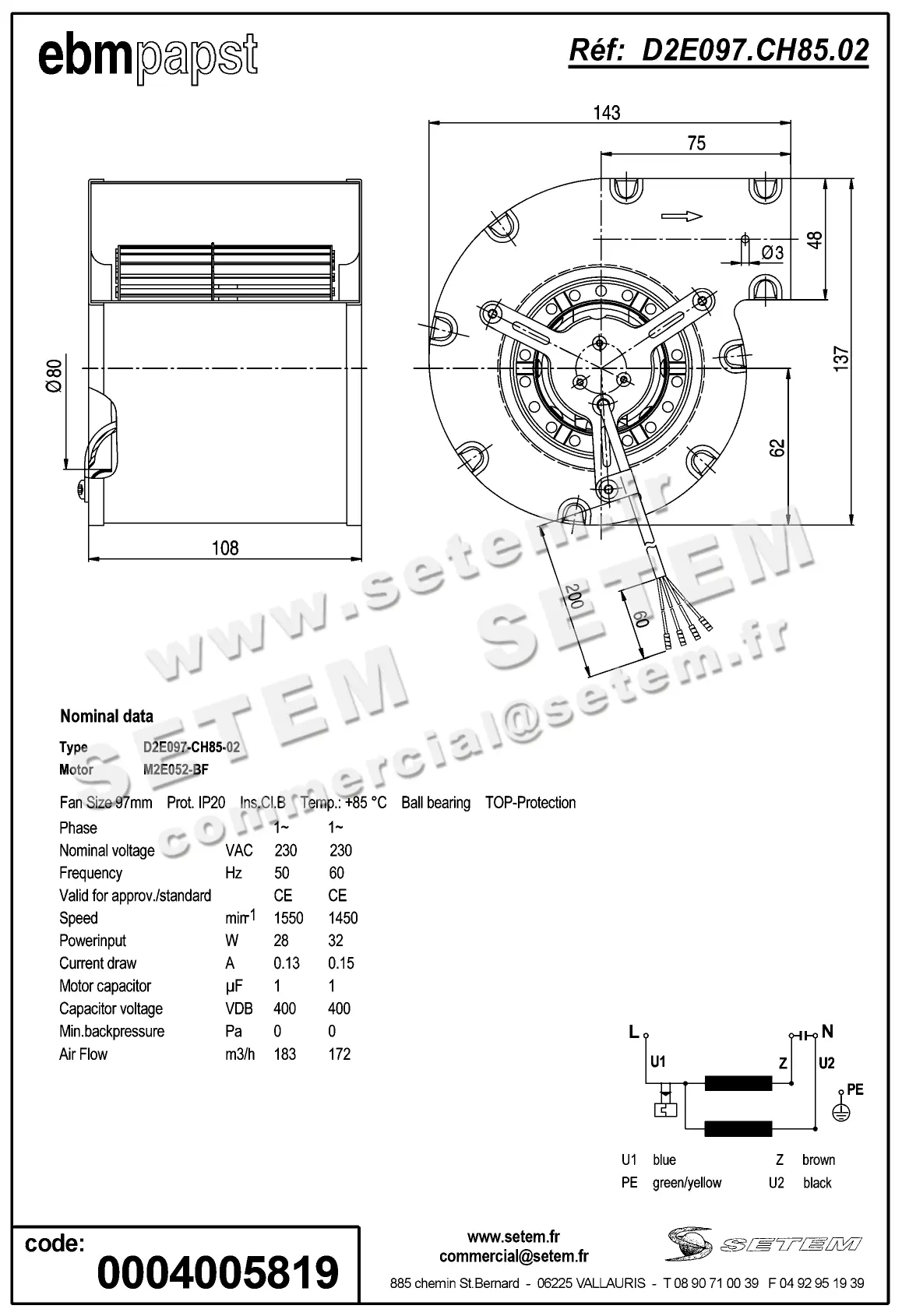 0004104826-VENTILATEUR EBMPAPST D2E097.CH85.02 2