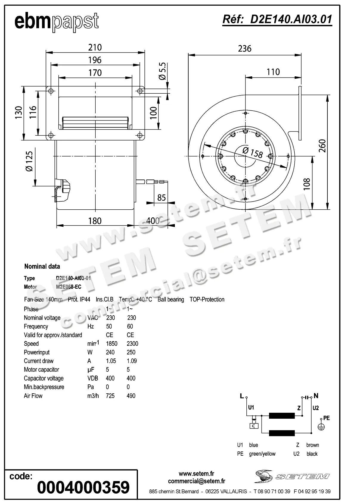 0004104829-VENTILATEUR EBMPAPST D2E140.AI03.01 2