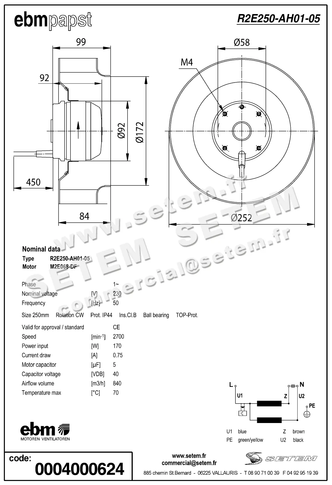 0004105143-MOTOTURBINE EBMPAPST R2E250.AH01.05 2
