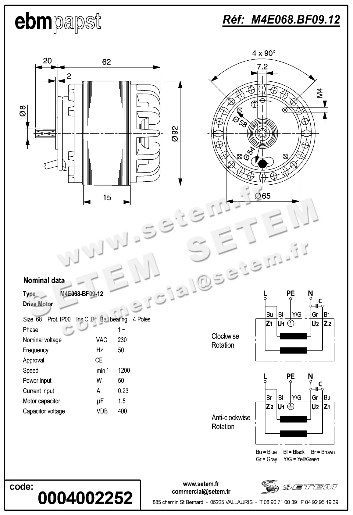 0004105254-MOTEUR EBMPAPST M4E068.BF09.12 2