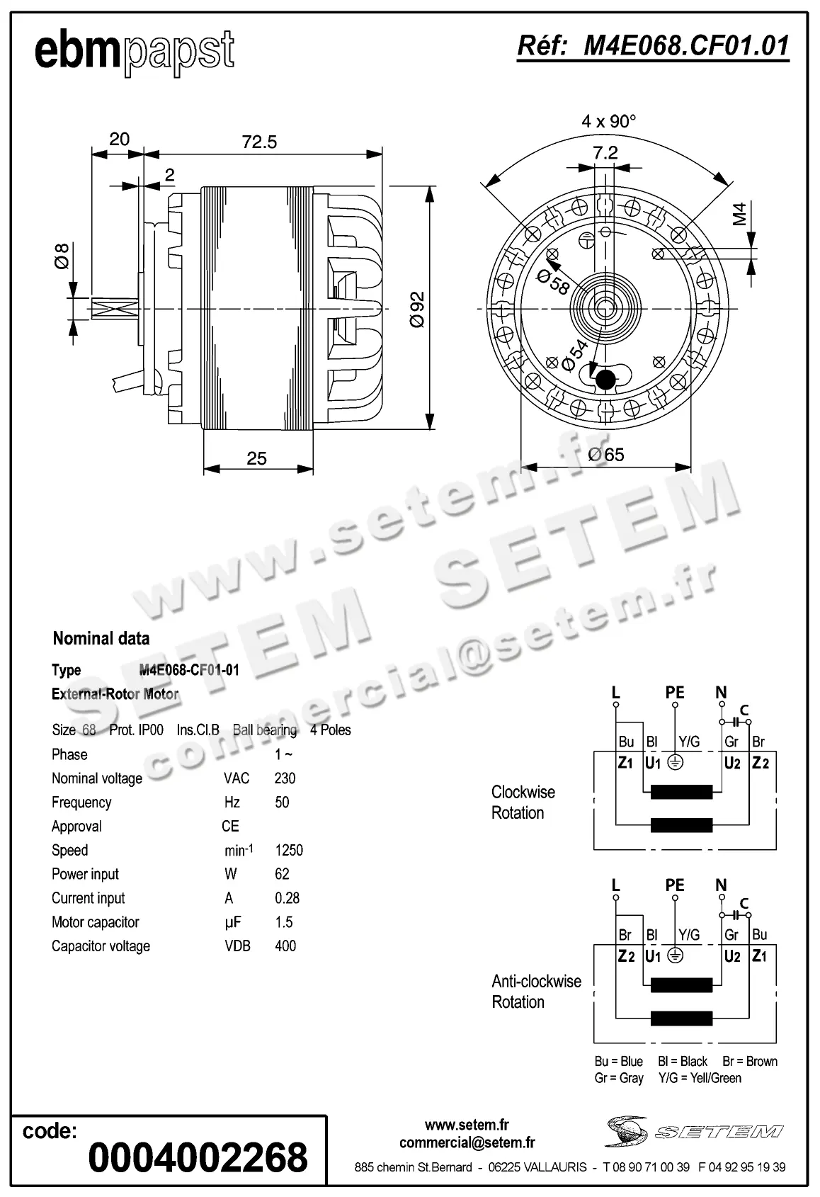 0004105255-MOTEUR EBMPAPST M4E068.CF01.01 2