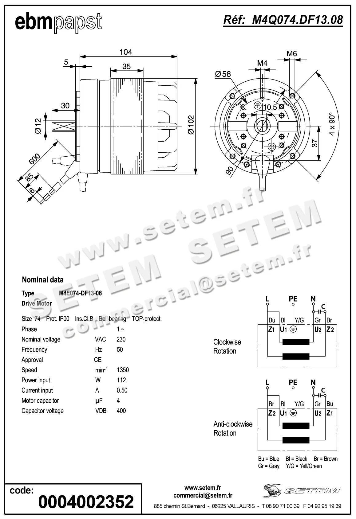 0004105259-MOTEUR EBMPAPST M4E074-DF13-08 2