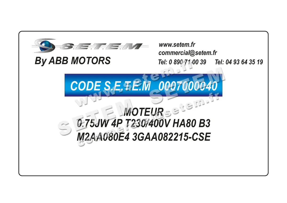 0007000040-MOTEUR ABB 0.75JW 4P T230/400V HA80 B3 M2AA080E4 3GAA082215-CSE