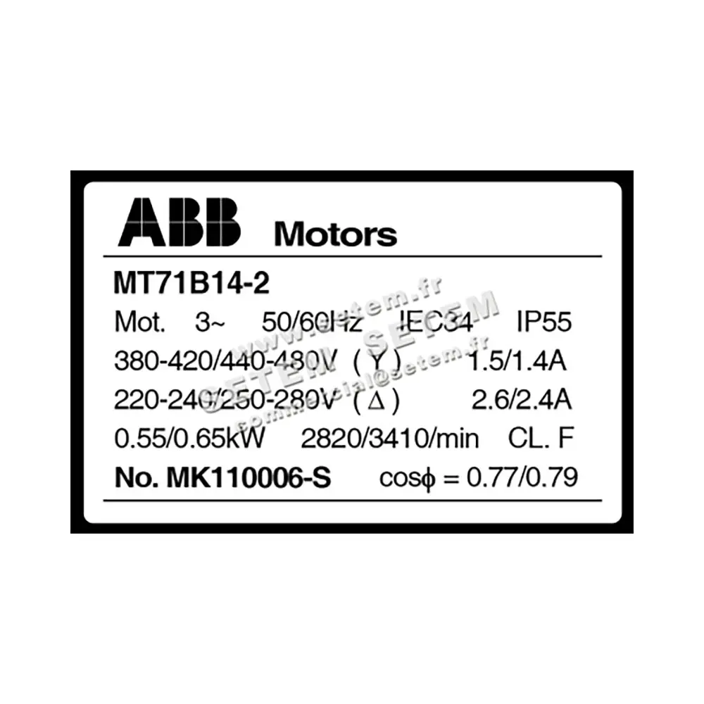 0007001055-MOTEUR ABB 0.55KW 4P T230/400V HA71 B3 MT71B14-2 4