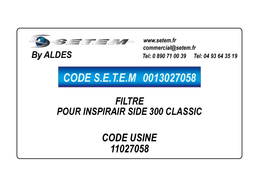 0013027058-FILTRE ALDES POUR INSPIRAIR SIDE 300 CLASSIC *11027058*