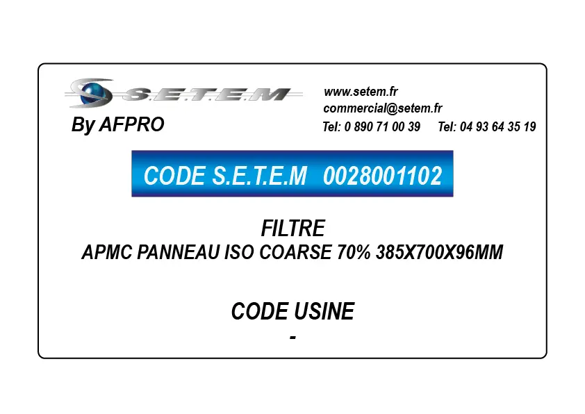 0028001102-FILTRE AFPRO APMC PANNEAU ISO COARSE 70% 385X700X96MM
