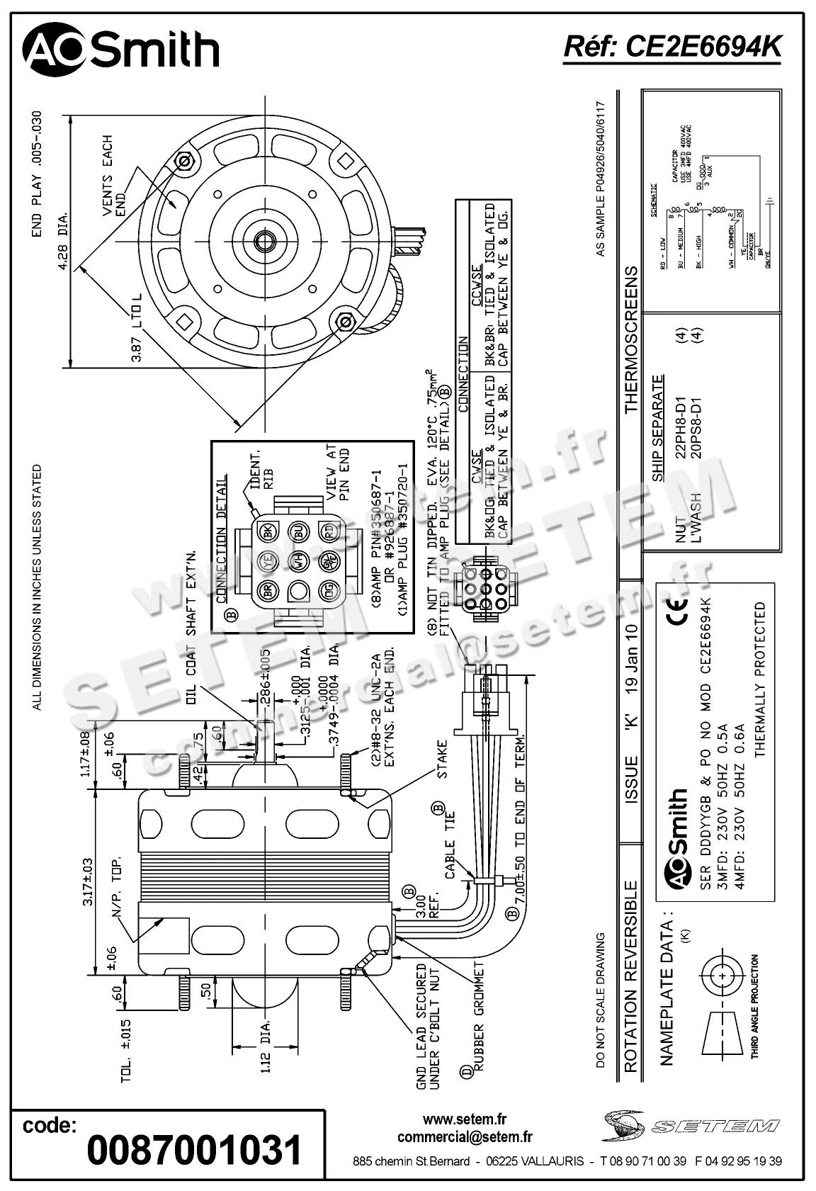 0087001031-MOTEUR AOSMITH CE2E6694K "130.020.306" 2