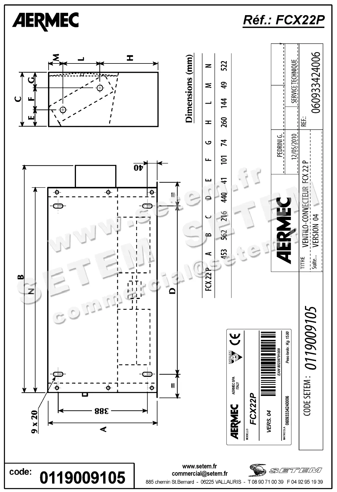 0119009105-VENTILO-CONVECTEUR AERMEC FCX 22P 2