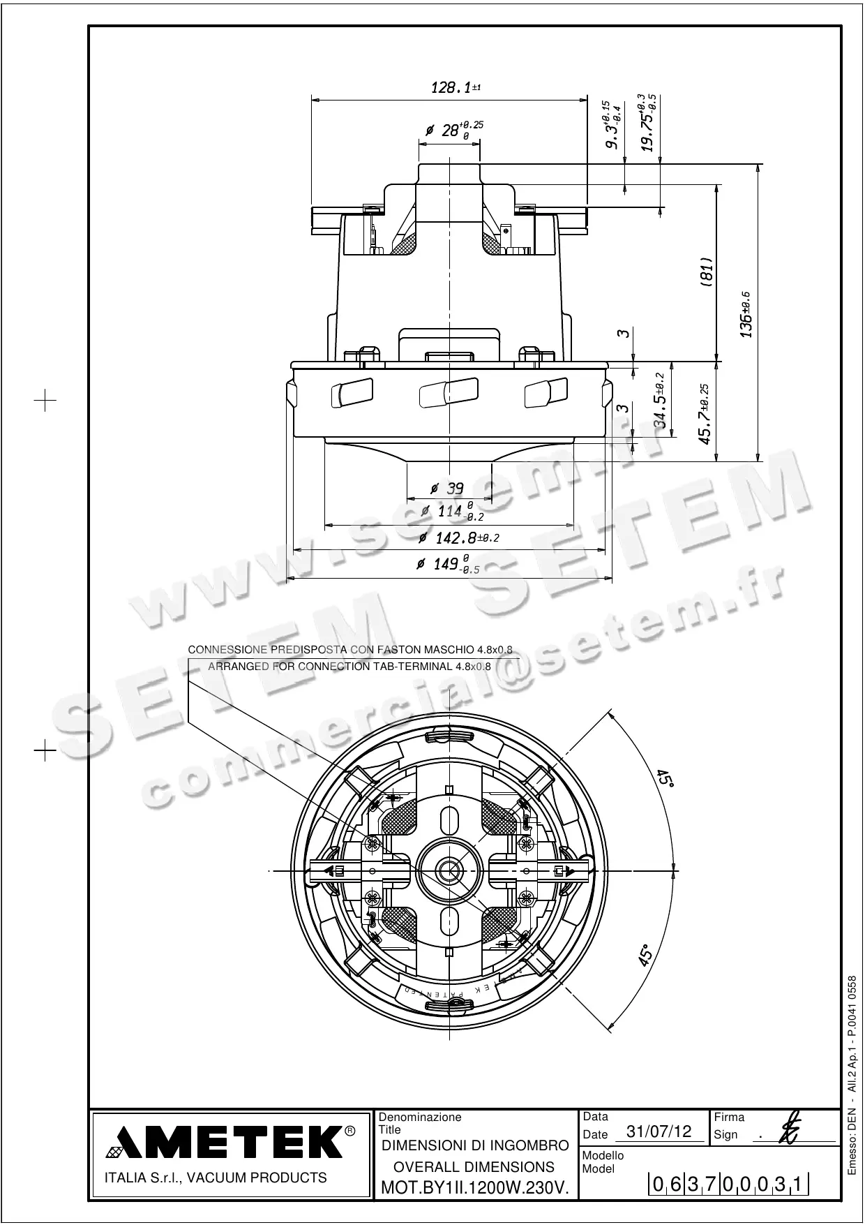 0121001215-MOTEUR AMETEK 06370031