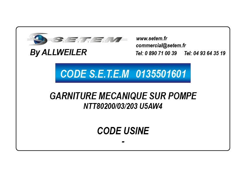 GARNITURE MECANIQUE SUR POMPE NTT80200/03/203 U5AW4