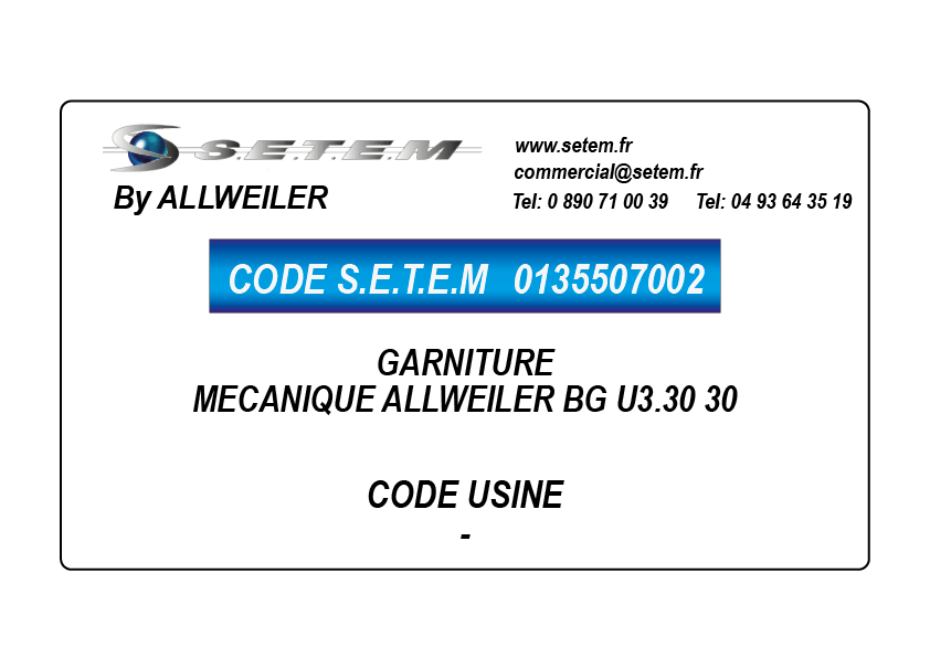 0135507002-GARNITURE MECANIQUE ALLWEILER BG U3.30 30