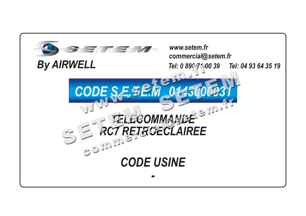 0143000031-TELECOMMANDE RC7 RETROECLAIREE AIRWELL