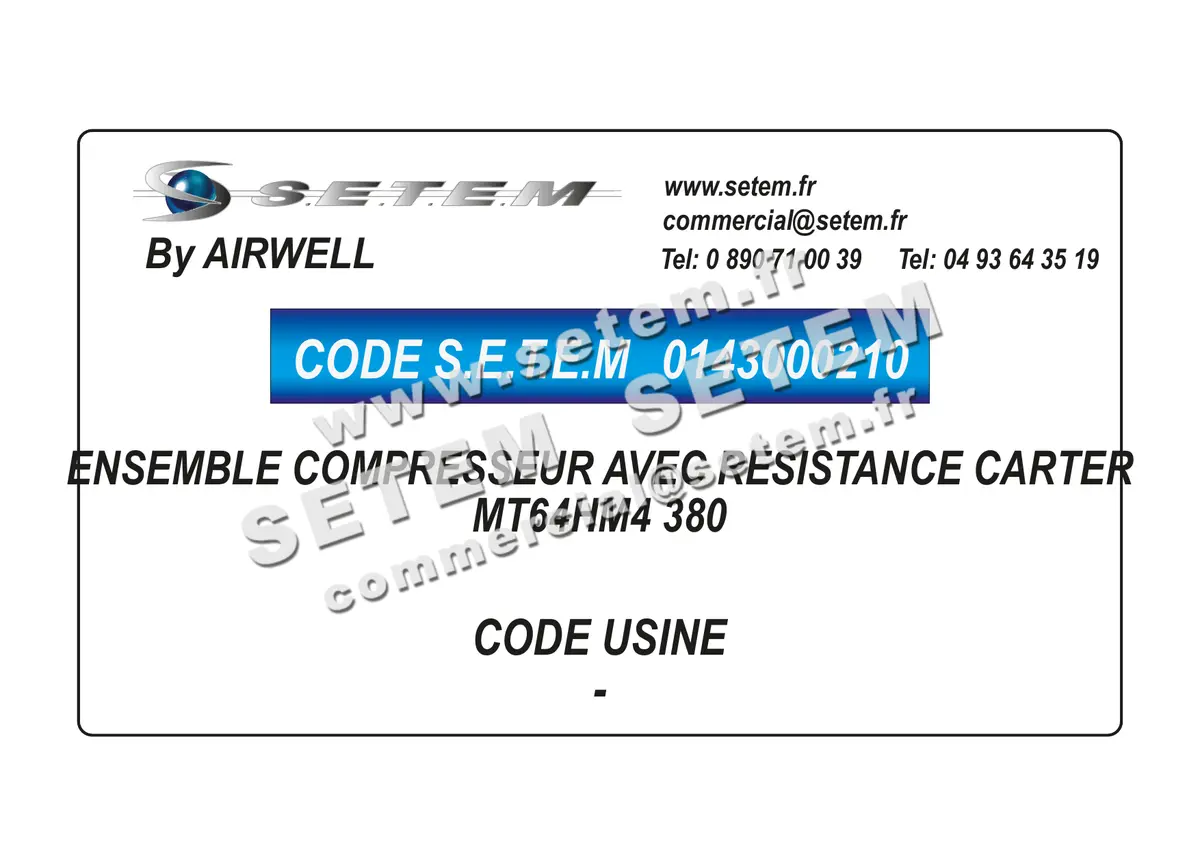 0143000210-ENSEMBLE COMPRESSEUR MT64HM4 380 AVEC RESISTANCE CARTER AIRWELL