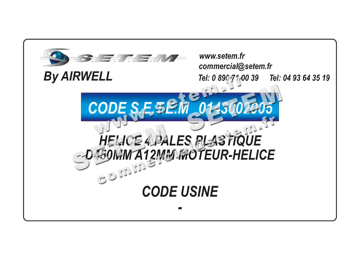 0143002005-HELICE 4 PALES PLASTIQUE D450MM A12MM MOTEUR AIRWELL -HELICE