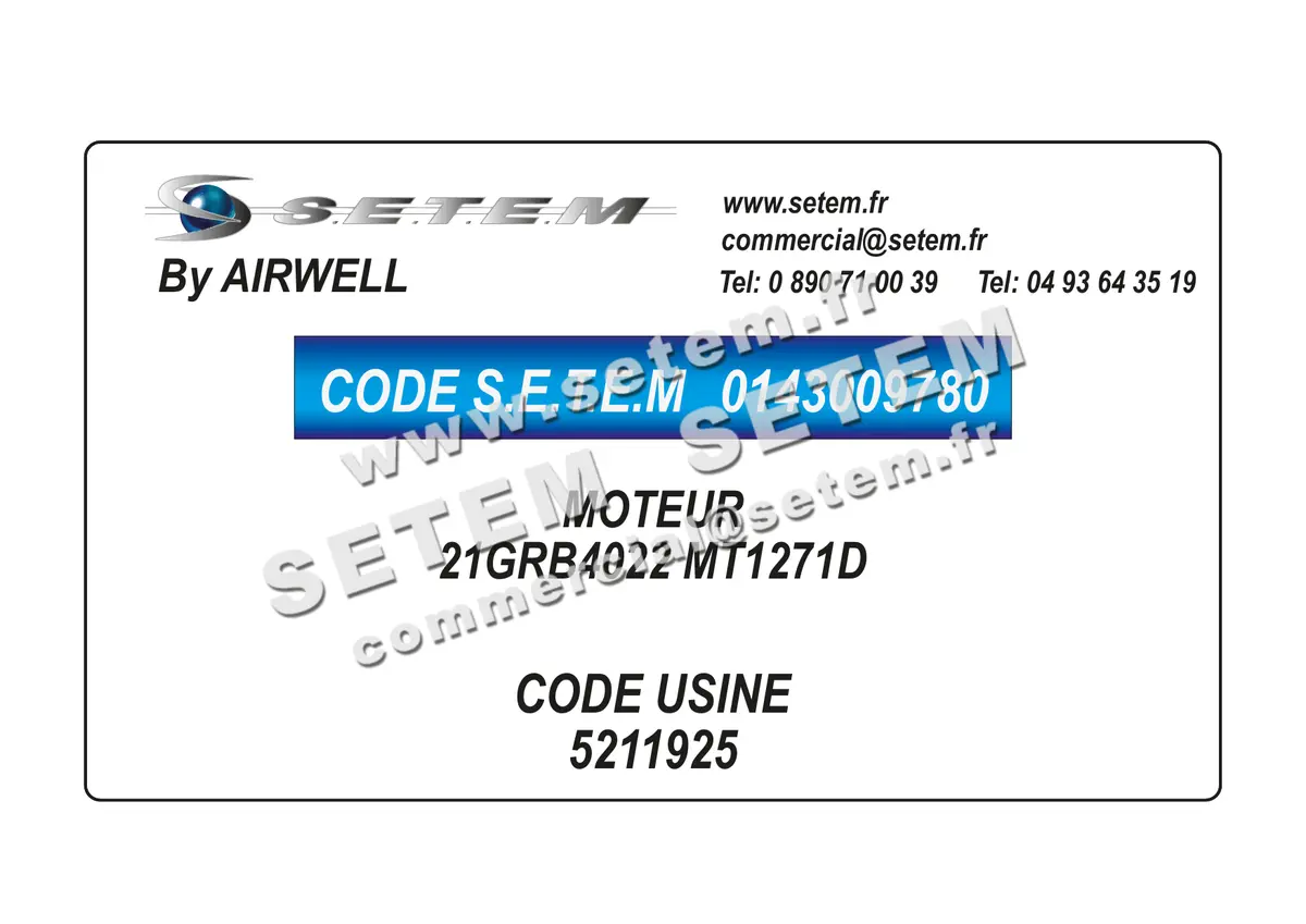 0143009780-MOTEUR AIRWELL 21GRB4022 "MT1271D" *5211925*