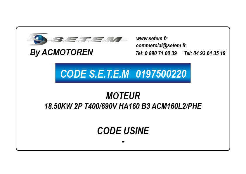 MOTEUR 18.50KW 2P T400/690V HA160 B3 ACM160L2/PHE