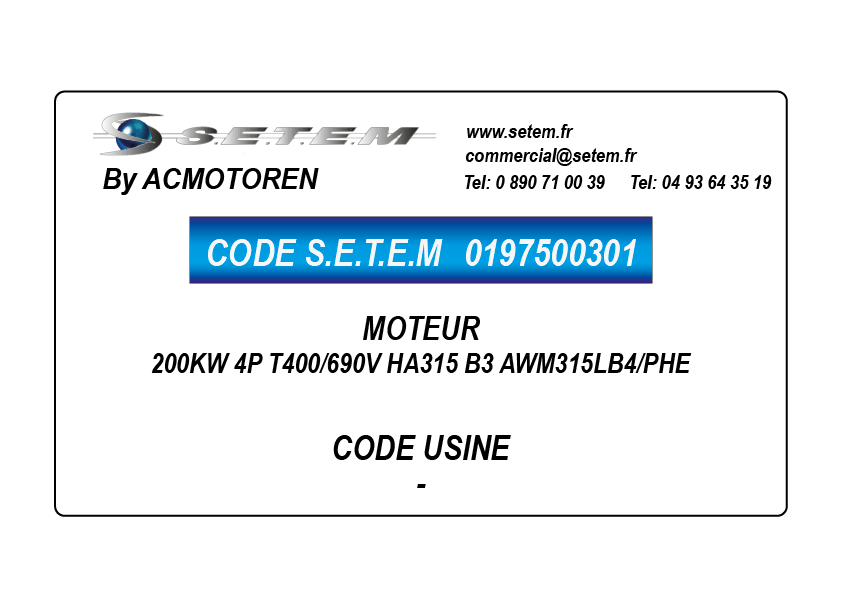 MOTEUR 200KW 4P T400/690V HA315 B3 AWM315LB4/PHE
