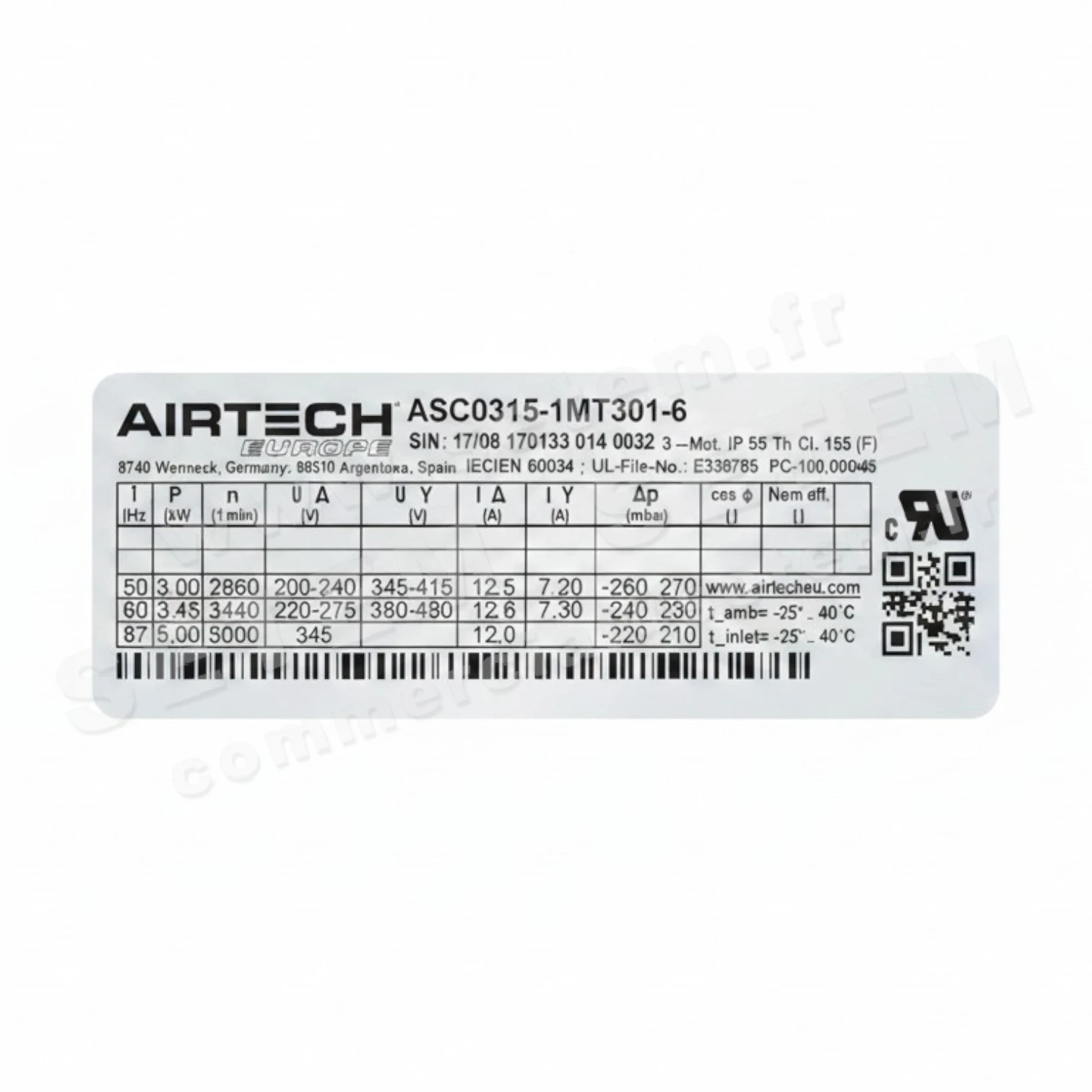 0201600013-COMPRESSEUR A CANAL LATERAL AIRTECH ASC0315-1MT301-6