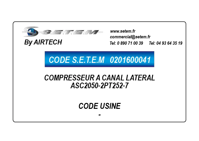 0201600041-COMPRESSEUR A CANAL LATERAL AIRTECH ASC2050-2PT252-7