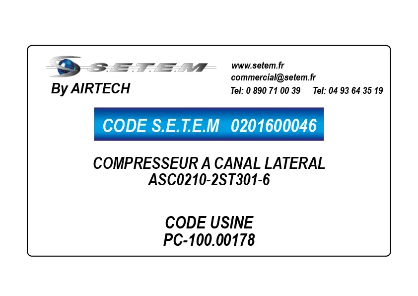 0201600046-COMPRESSEUR A CANAL LATERAL AIRTECH ASC0210-2ST301-6 *PC-100.00178*