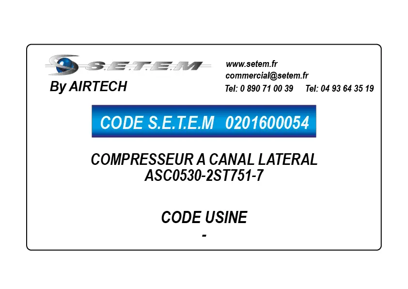 0201600054-COMPRESSEUR A CANAL LATERAL AIRTECH ASC0530-2ST751-7