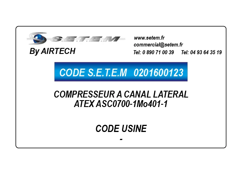 0201600123-COMPRESSEUR A CANAL LATERAL AIRTECH ATEX ASC0700-1Mo401-1