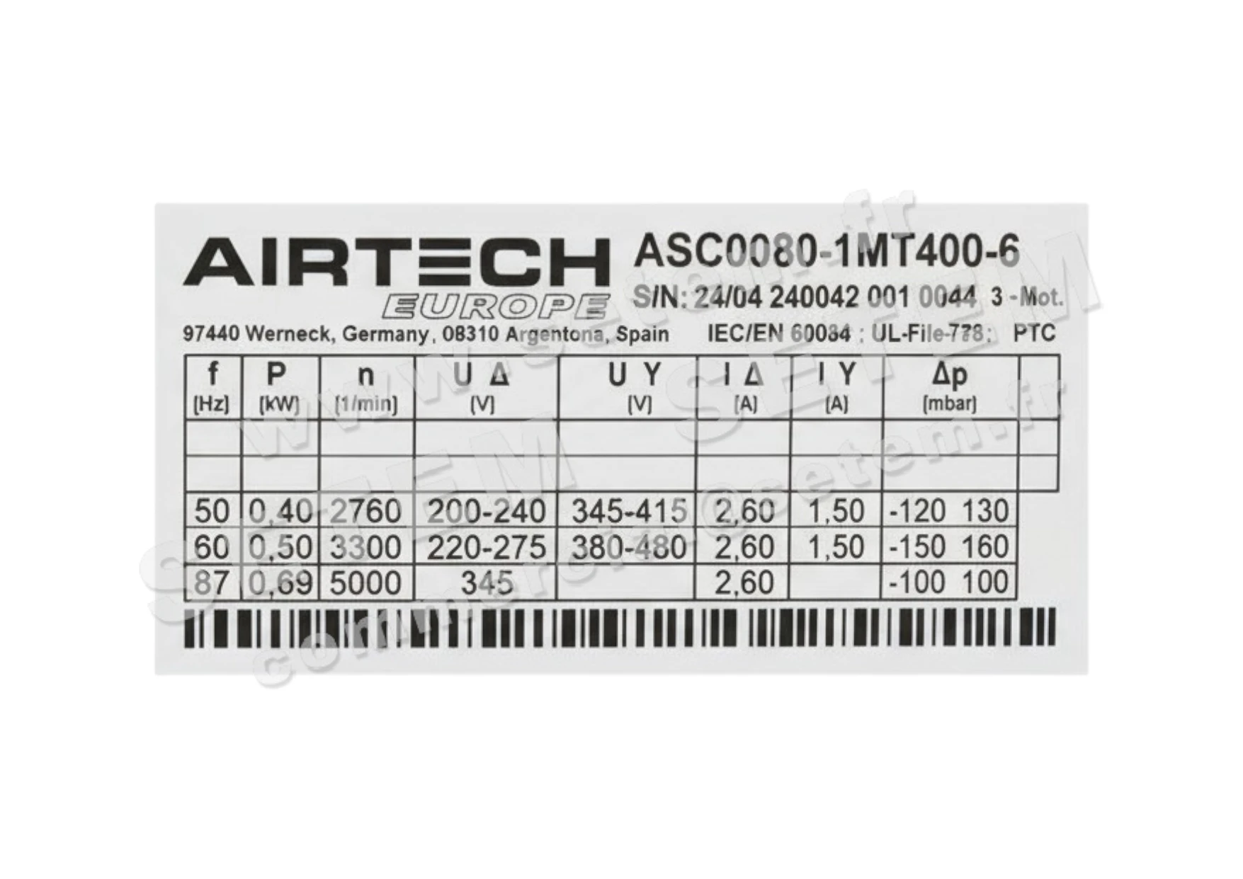 0201603209-COMPRESSEUR A CANAL LATERAL AIRTECH ASC0080-1MT400-6 2