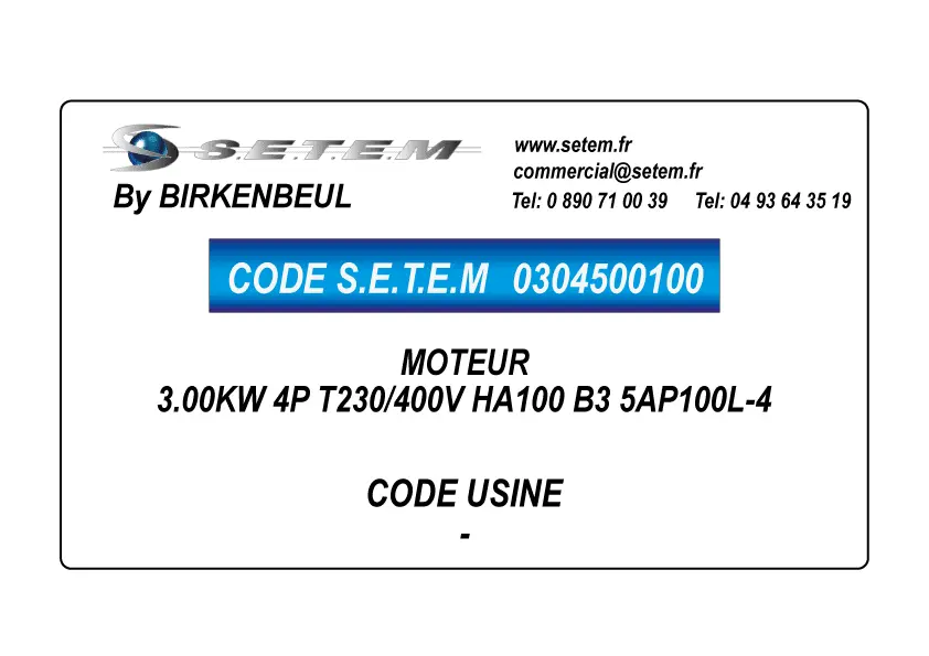 0304500100-MOTEUR BIRKENBEUL 3.00KW 4P T230/400V HA100 B3 5AP100L-4