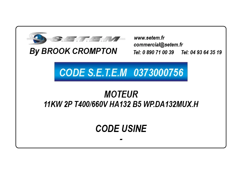 0373000756-MOTEUR BROOK 11KW 2P T400/660V HA132 B5 WP.DA132MUX.H