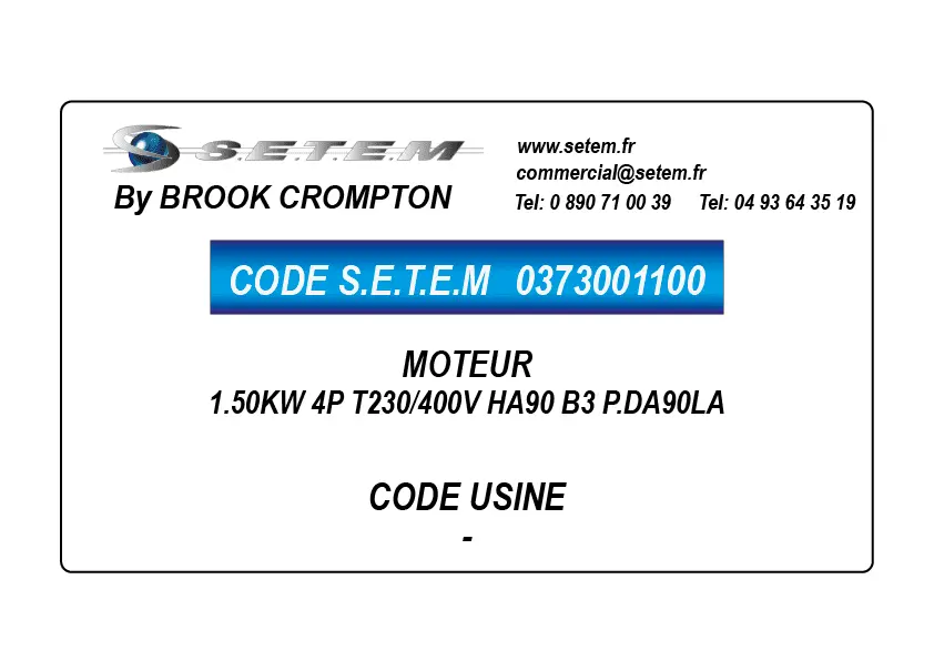 0373001100-MOTEUR BROOK 1.50KW 4P T230/400V HA90 B3 P.DA90LA