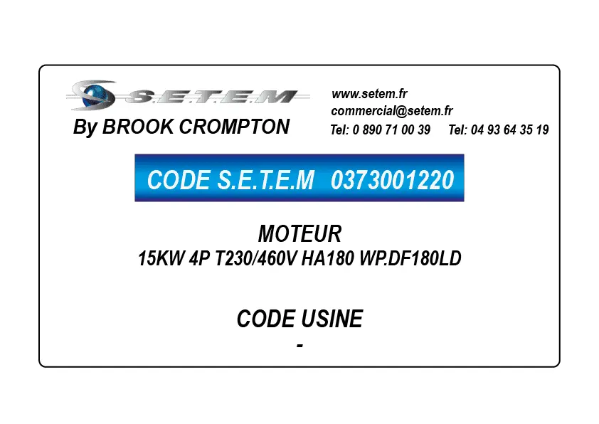 0373001220-MOTEUR BROOK 15KW 4P T230/460V HA180 WP.DF180LD