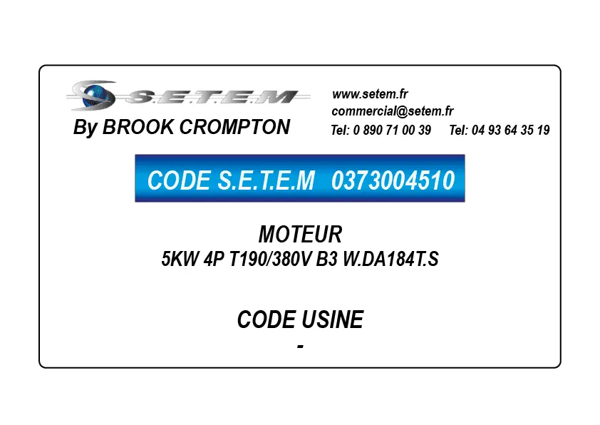 0373004510-MOTEUR BROOK 5KW 4P T190/380V B3 W.DA184T.S