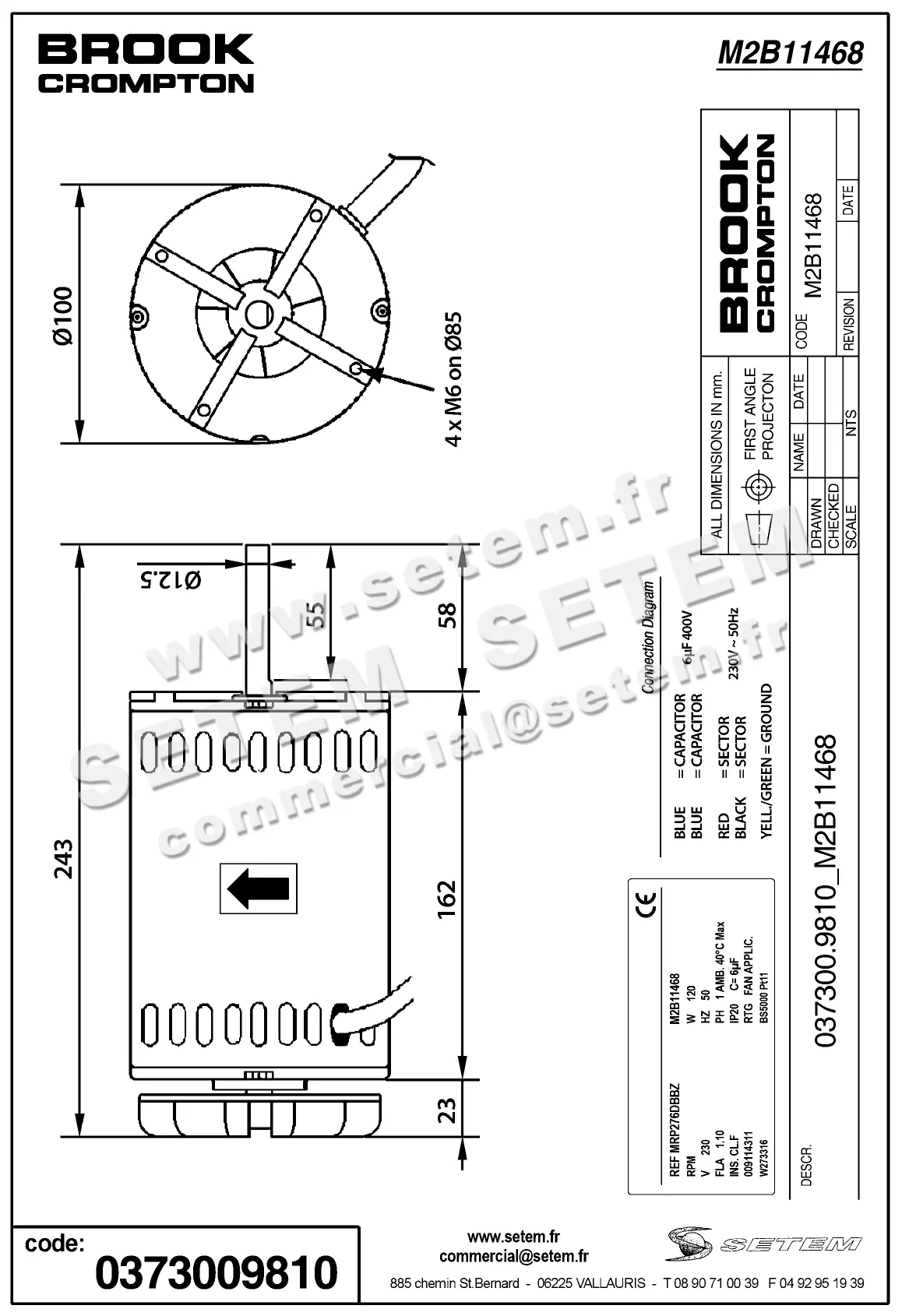 0373009810-MOTEUR BROOK MRP276DBBZ "009114311" *M2B11468* 2