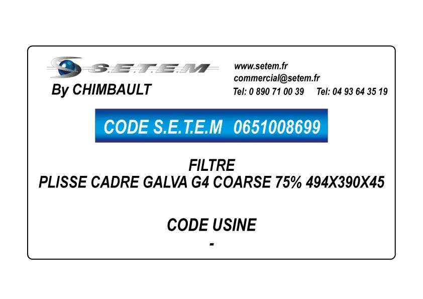 0651008699-FILTRE CHIMBAULT PLISSE CADRE GALVA G4 COARSE 75% 494X390X45