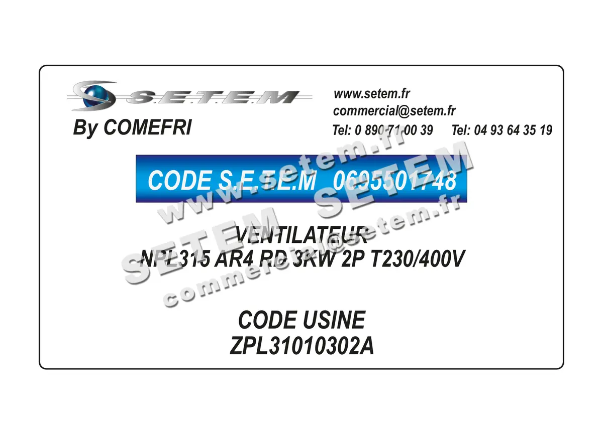 0695501748-VENTILATEUR COMEFRI NPL315 AR4 RD 3KW 2P T230/400V *ZPL31010302A*