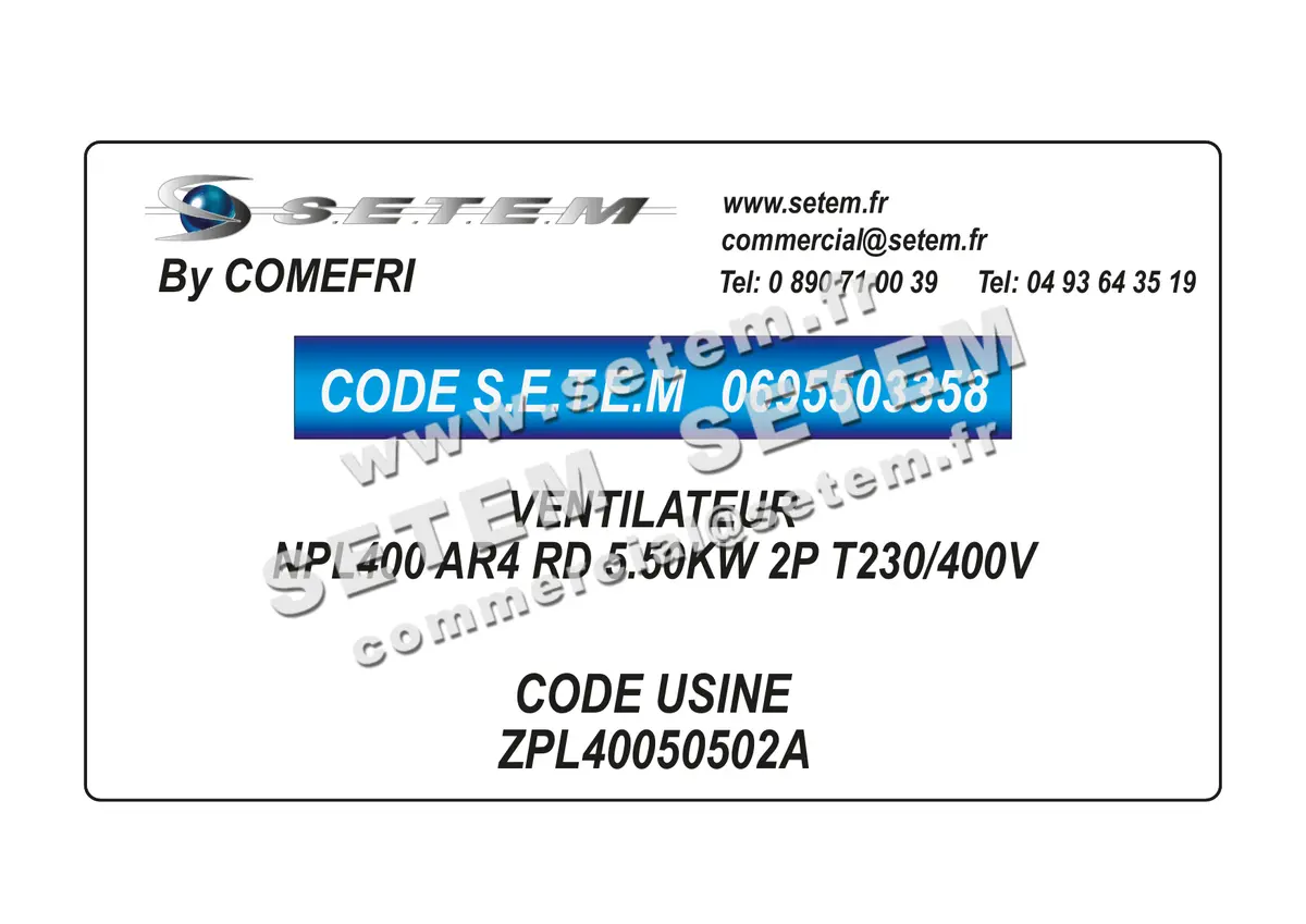 0695503358-VENTILATEUR COMEFRI NPL400 AR4 RD 5.50KW 2P T230/400V *ZPL40050502A*