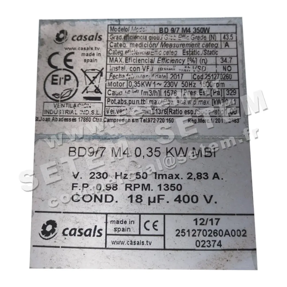 0747008001-VENTILATEUR CASALS BD9/7 M4 0.35KW 4P M230V 1V *251270260A002* 2