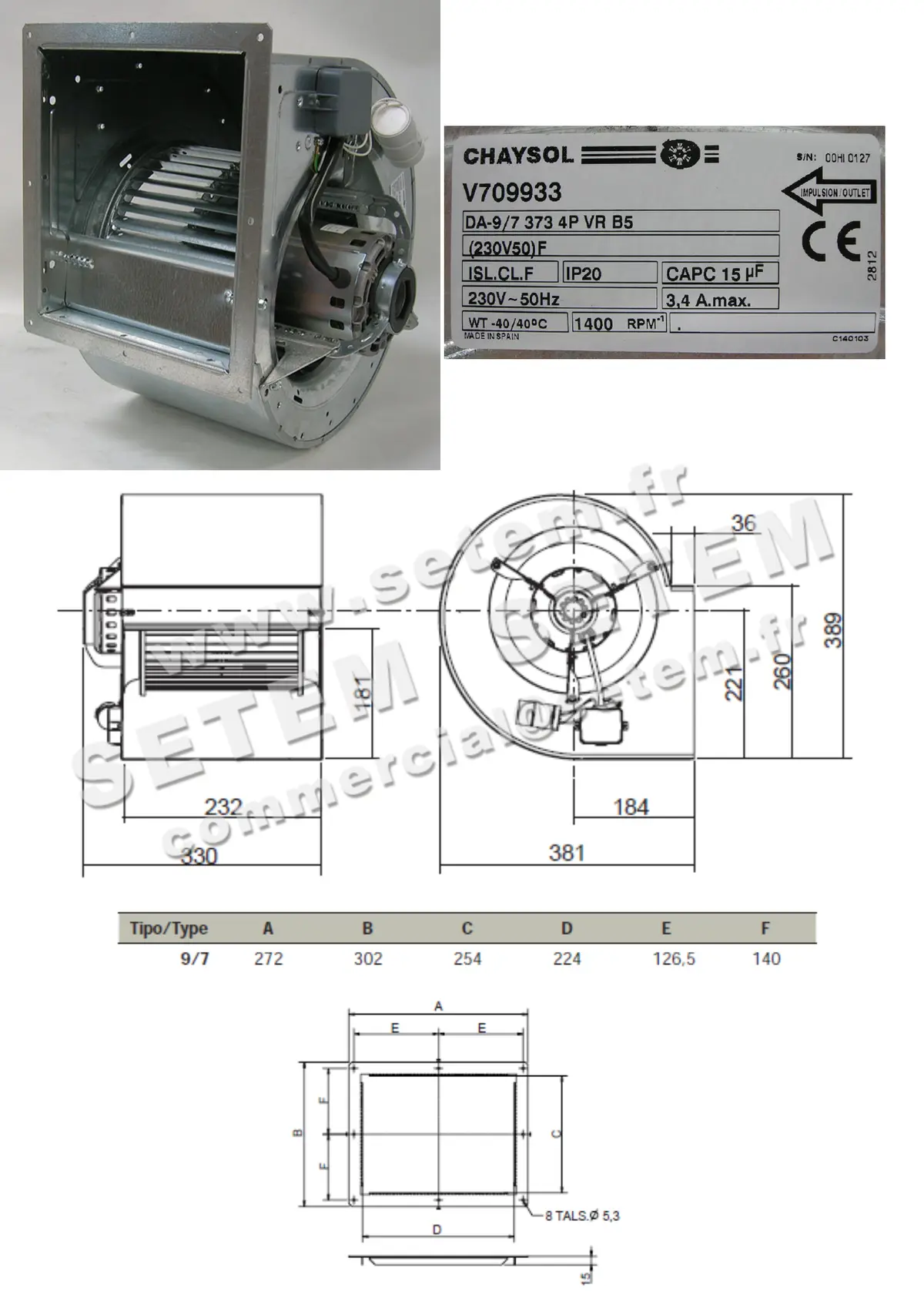 0749000198-VENTILATEUR CHAYSOL DA9/7B5.4P.VR.373 373W 4P M230V 1V +BR YDK370.4 *V709933* 2