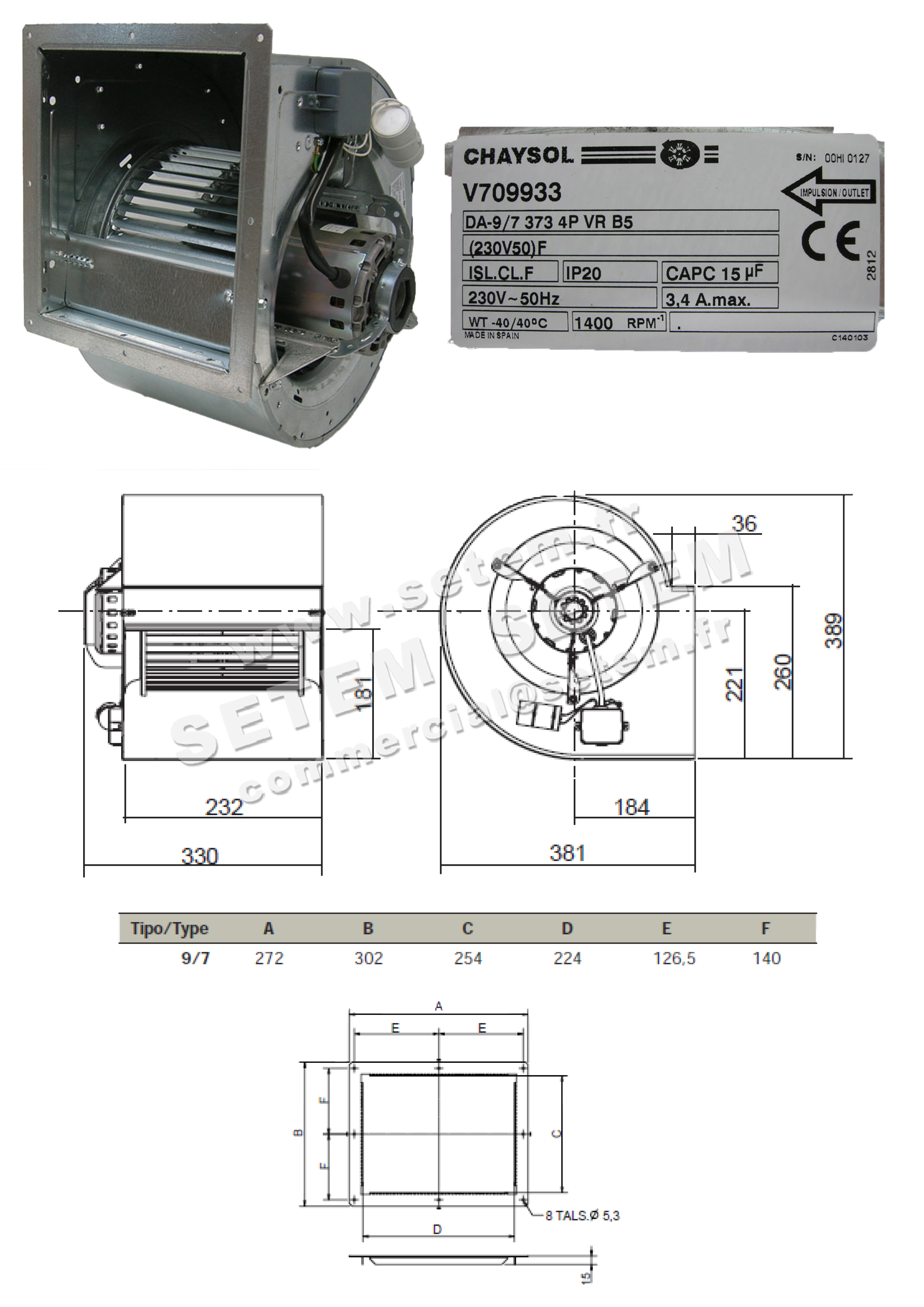 0749000198-VENTILATEUR CHAYSOL DA9/7B5.4P.VR.373 373W 4P M230V 1V +BR YDK370.4 *V709933* 4