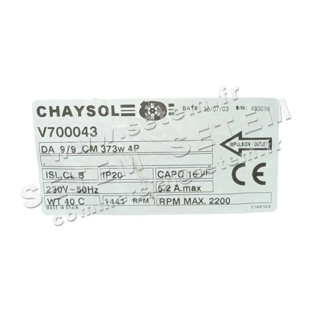 0749002032-VENTILATEUR CHAYSOL DA9/9CM 373W 4P M230V 1V *V700043* 3
