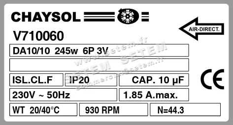 0749002053-VENTILATEUR CHAYSOL DA10/10CM 245W 6P M230V 3V *V710060* 2