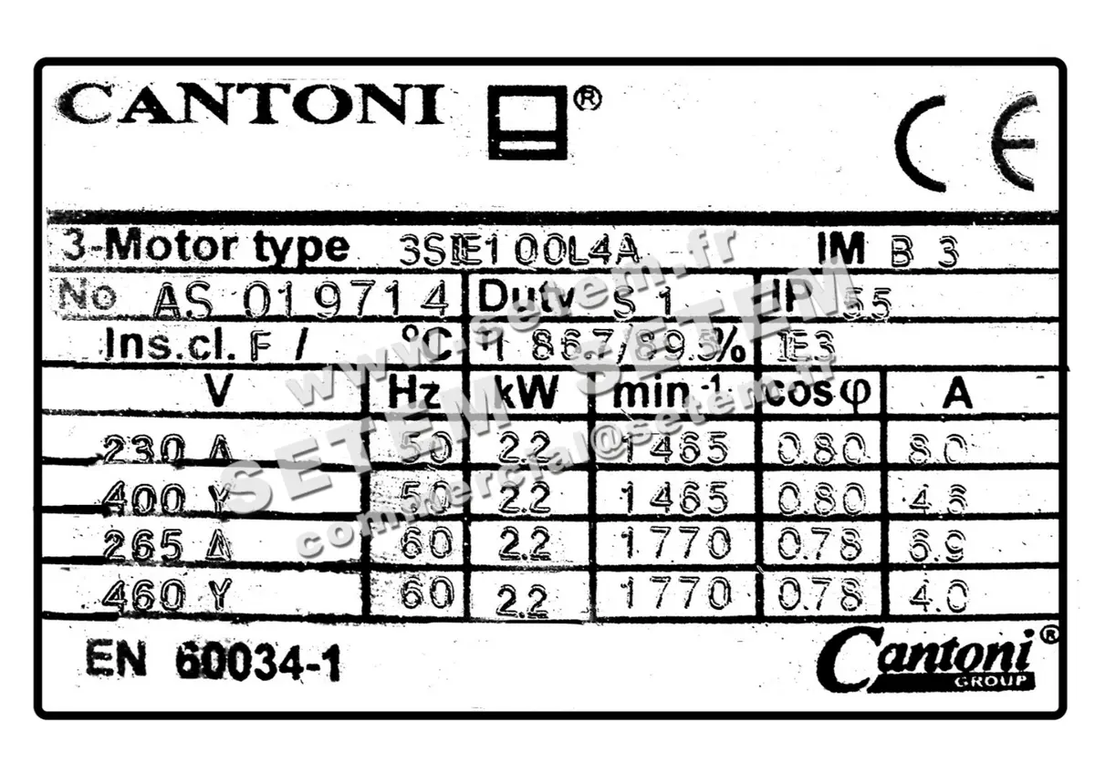 0773001110-MOTEUR CANTONI 2.20KW 4P T230/400V HA100 B3 3SIE100L4A