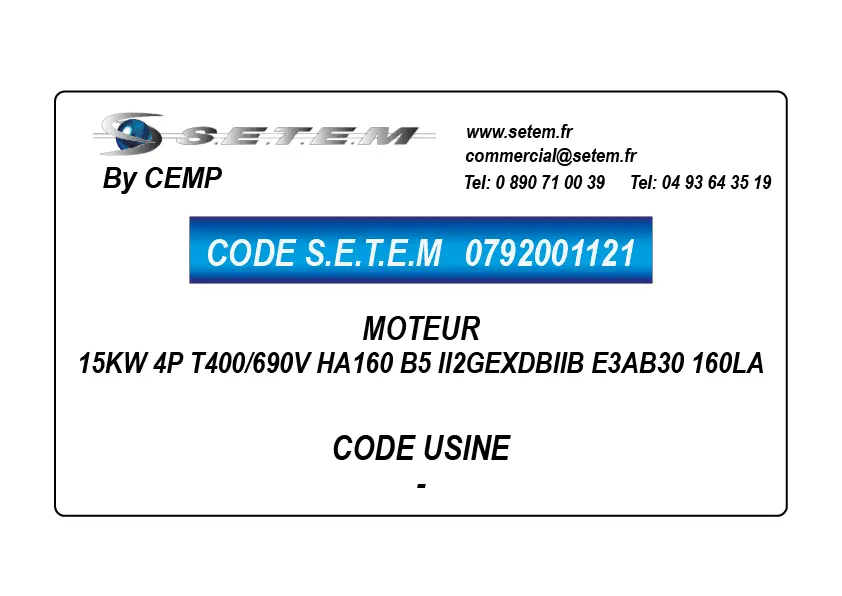 0792001121-MOTEUR CEMP 15KW 4P T400/690V HA160 B5 II2GEXDBIIB E3AB30 160LA