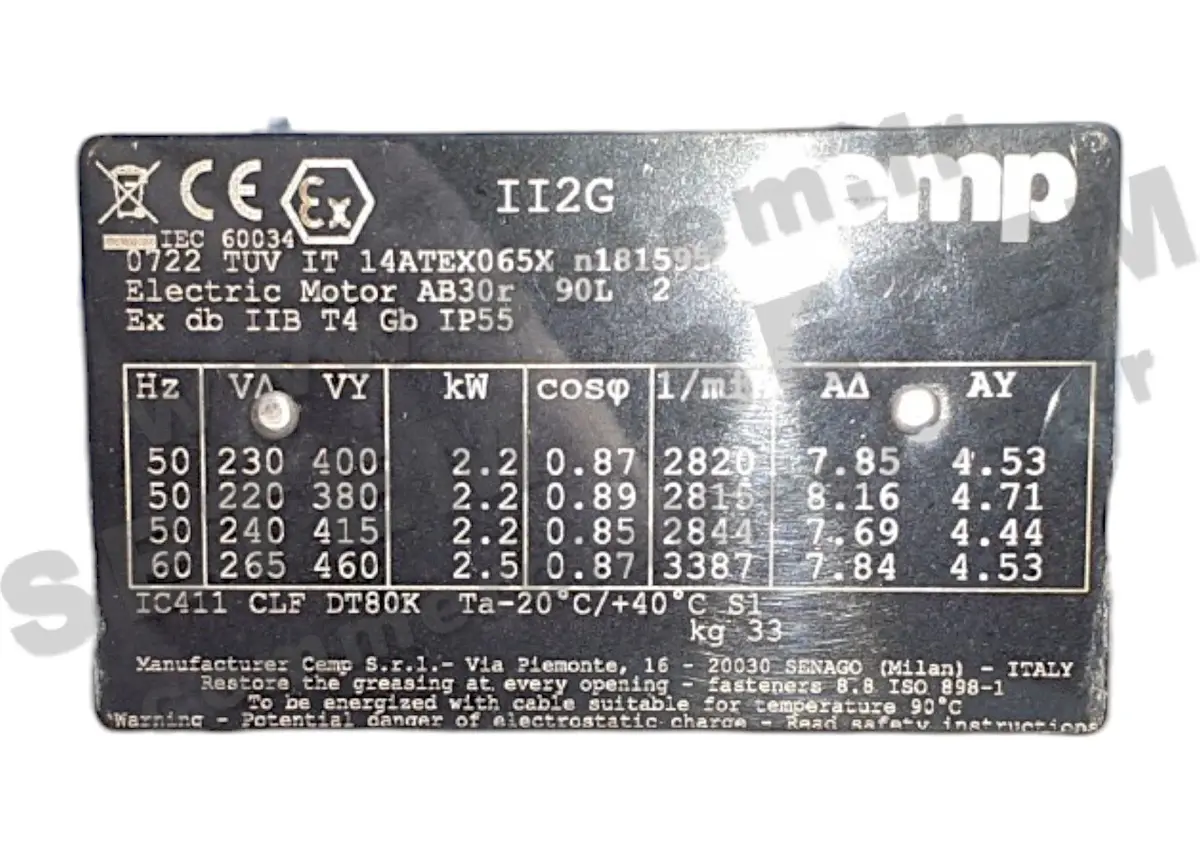 0792001500-MOTEUR CEMP 2.20KW 2P T230/400V HA90 B3 EXDBIIBT4GB AB30R90L2