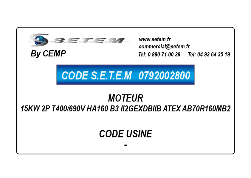 MOTEUR 15KW 2P T400/690V HA160 B3 II2GEXDBIIB ATEX AB70R160MB2