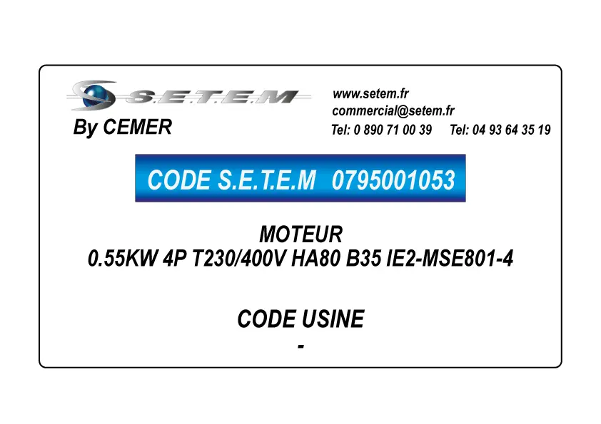 0795001053-MOTEUR CEMER 0.55KW 4P T230/400V HA80 B35 IE2-MSE801-4 4