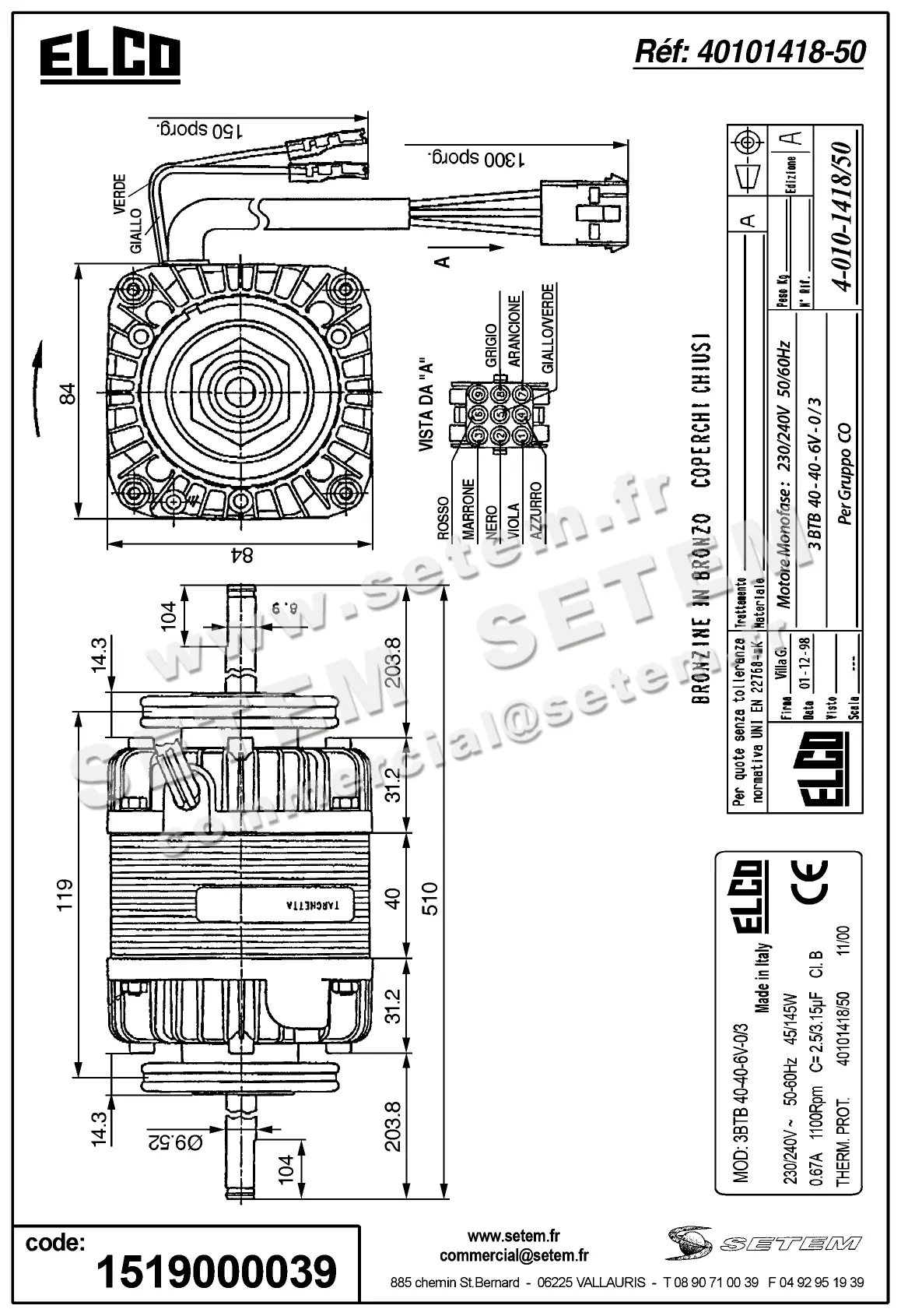 1519000039-MOTEUR ELCOMOTEUR 3BTB40.40.6V.0/3 *40101418/50* 3